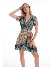 Boho Print Self Waist Tie Ruffled Trim Dress Sai Feel